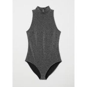H&M Black Silver Sparkly Mock Neck Sleeveless Bodysuit